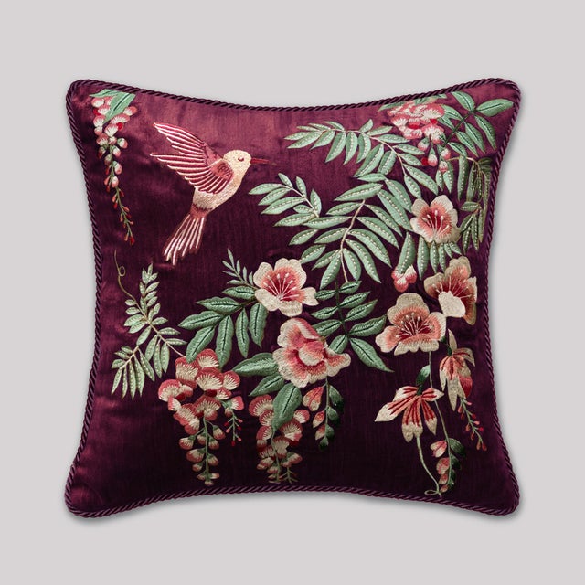 Botanical Beauty: Hand Embroidered Velvet Pillow Featuring Silk Thread Floral Motif - Stylish Home Decor Cushion Living Room Sofa For Sale - Image 4 of 6