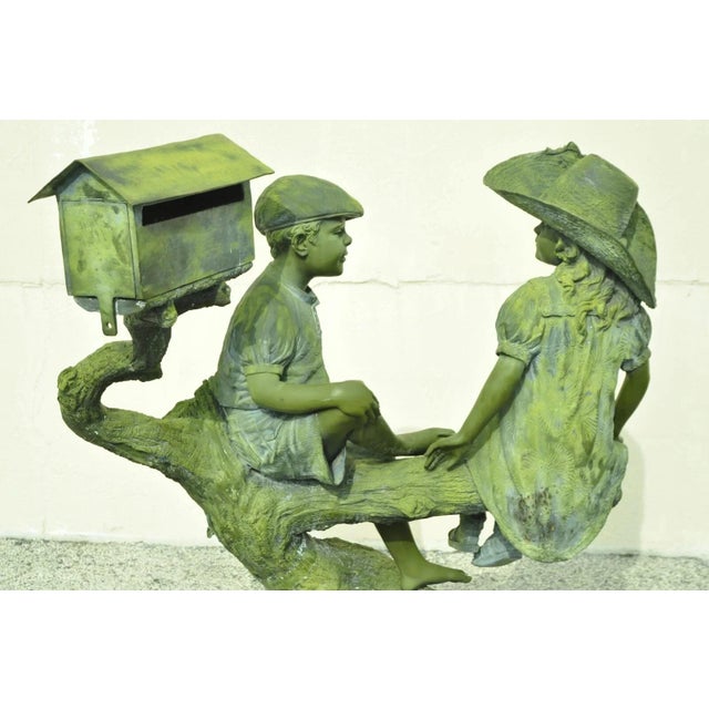 Late 20th Century Late 20th Century Jim Davidson Large Bronze Verdigris Mailbox Garden Statue Boy and Girl on Tree For Sale - Image 5 of 12