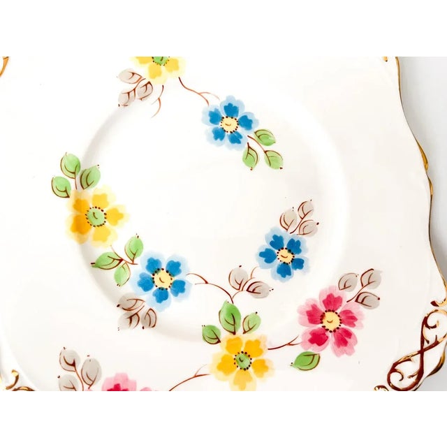 English Vintage Royal Tuscan English Bone China Multi Color Florals Square Cookie Plate With Gold Trim For Sale - Image 3 of 6