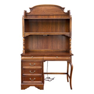 Vintage Lexington French Country / Louis Philippe Cherry 5 Drawer Writing Desk With Bookcase Top For Sale
