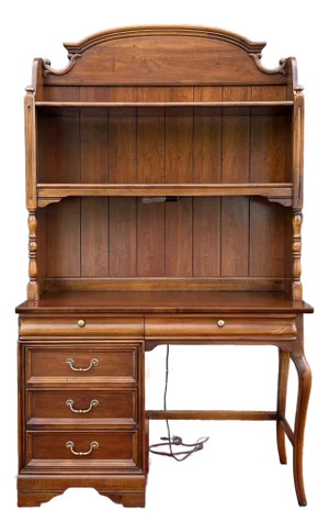 Vintage Lexington French Country / Louis Philippe Cherry 5 Drawer Writing Desk With Bookcase Top