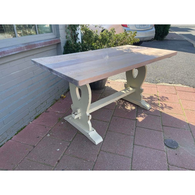 Antique English Solid Oak Kitchen Table 1900 very solid limed oak top with love heart detail.