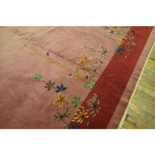 1920s Pink Rose Open Floral Vase Antique Chinese Art Deco Carpet 9' X 11' 7" Knotted Wool Rug For Sale - Image 9 of 12