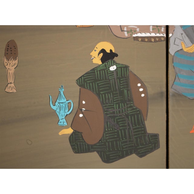 1960s 1960s Shōwa Era Japanese Byobu Screen "Autumn Festival Scene by the Bridge" For Sale - Image 5 of 17