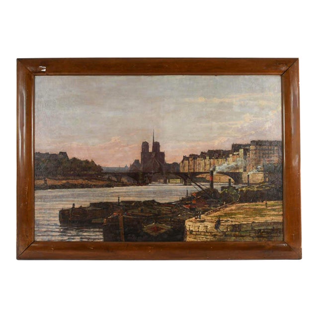Early 20th Century Antique Framed Twilight on the Seine Oil on Canvas For Sale