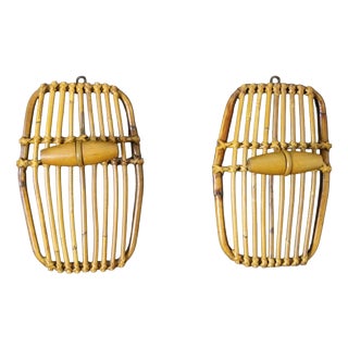 Rattan and Bamboo Coat Rack with Mirror in the style of Franco Albini, Italy, 1960s, Set of 2 For Sale
