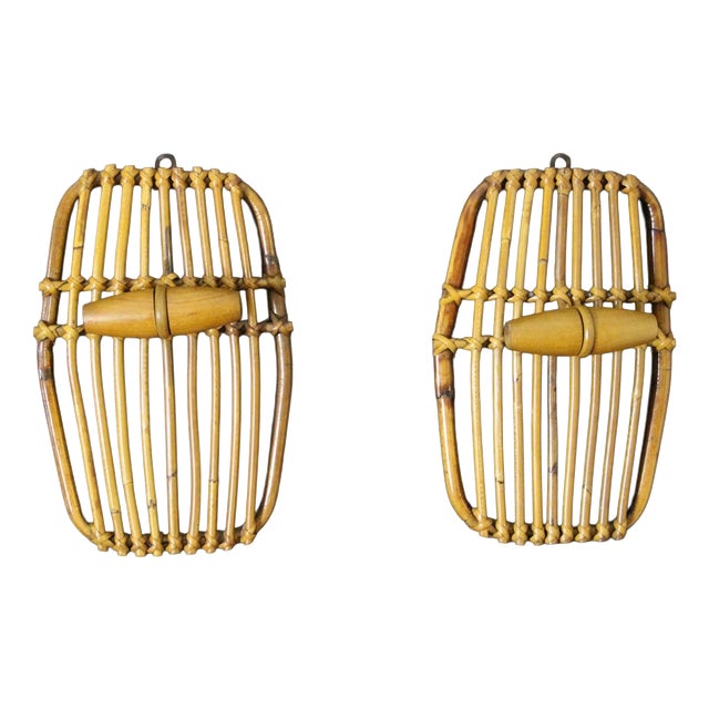Rattan and Bamboo Coat Rack with Mirror in the style of Franco Albini, Italy, 1960s, Set of 2 For Sale
