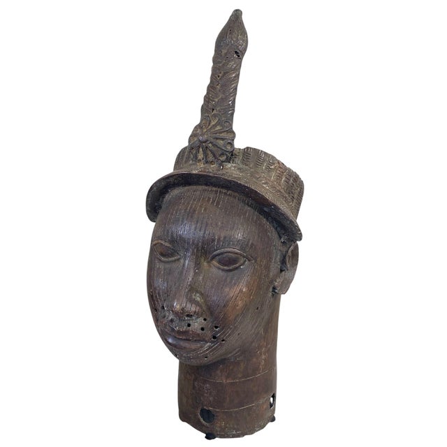 Large Vintage Benin Bronze Head of a King Oba Nigeria African 21.5" H For Sale In New York - Image 6 of 8