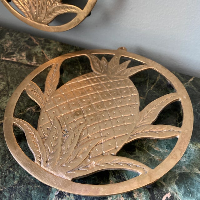 Metal Southern Pineapple Brass Trivet Coasters - a Pair For Sale - Image 7 of 9