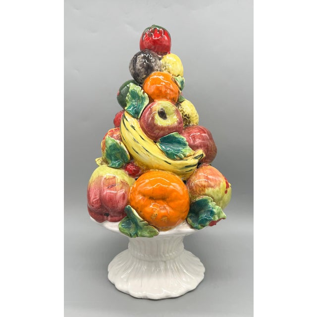 Rustic European 15" Vintage Italian Ceramic Fruit Topiary Centerpiece – Hand-Painted Majolica Style Compote – Tuscan / European Traditional - Lemon and Orange For Sale - Image 3 of 14