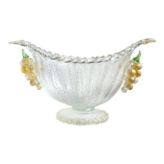 Murano Barovier Toso Silver Leaf Gold Flecks Grapes Italian Art Deco Glass Compote Bowl Vase For Sale