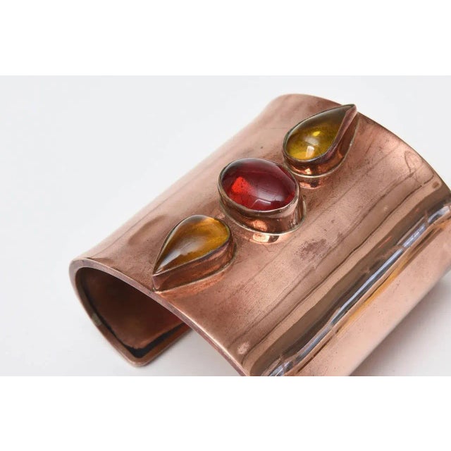 Hallmarked Copper Wide Cuff Bracelet With Red, Yellow Amber Glass Stones 90's For Sale - Image 10 of 10