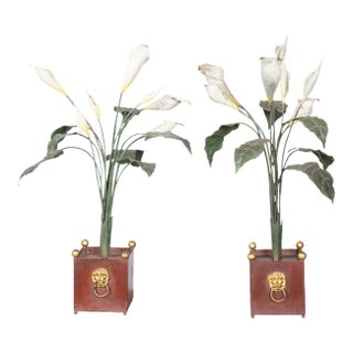 Pair of Italian 1930s Tôle Calla Lillies Sculptures in Red and Gold Containers For Sale