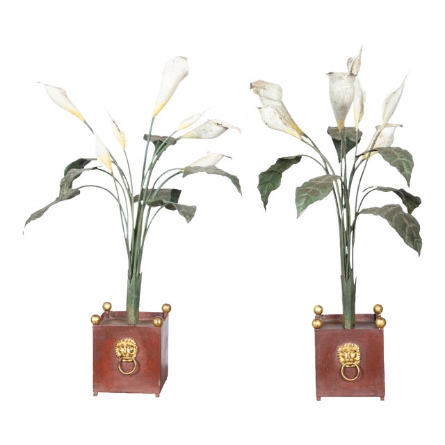 Pair of Italian 1930s Tôle Calla Lillies Sculptures in Red and Gold Containers For Sale