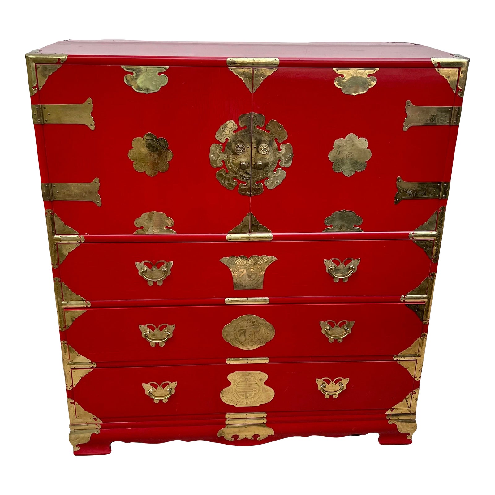 Mid 20th Century Korean Red Lacquered Tansu Butterfly Chest Campaign Sideboard/Dresser