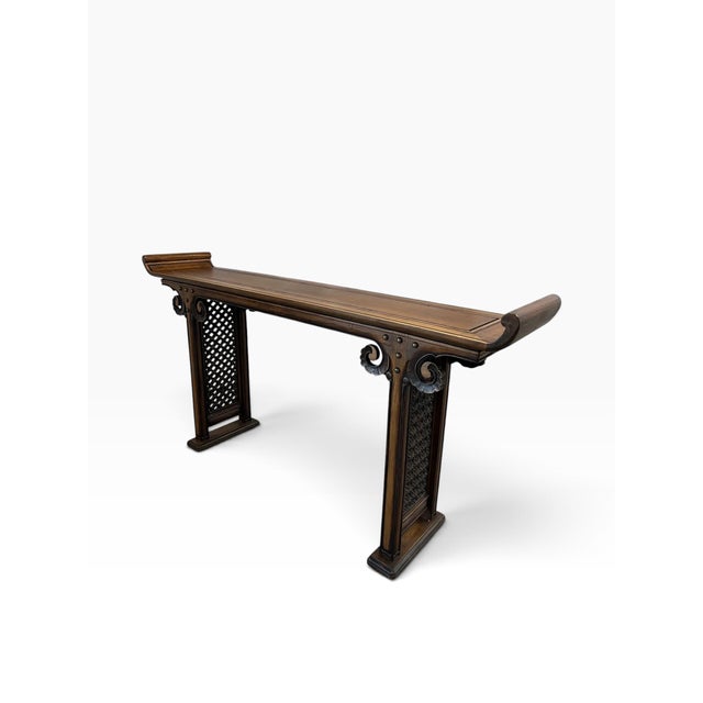 Vintage Chinese Ming Style Hardwood Altar Console Table With Brass Studs & Fretwork For Sale - Image 4 of 15