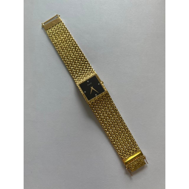 Black Piaget Black Diamond Dial 18 Karat Yellow Gold Mesh Design Vintage Estate Watch For Sale - Image 8 of 12