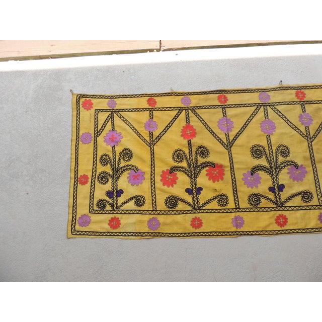 Boho Chic Vintage Yellow and Black Embroidery Suzani Textile Panel. For Sale - Image 3 of 4