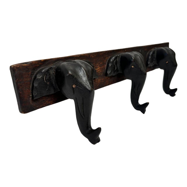 Hand-Carved Wooden Elephant Wall Coat Rack Triple Head Hooks Asian/African Style For Sale