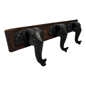 Hand-Carved Wooden Elephant Wall Coat Rack Triple Head Hooks Asian/African Style