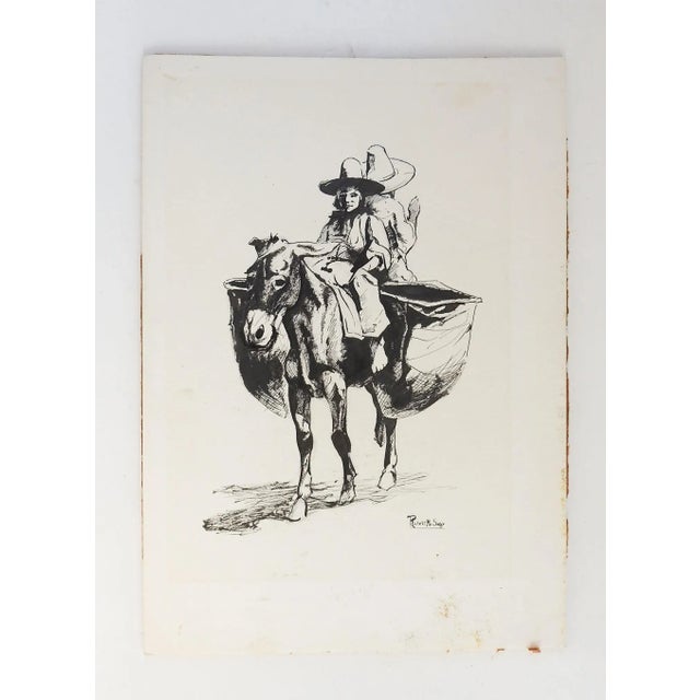 Mexican Vintage Illustration Children Riding Donkey Drawing For Sale - Image 3 of 4
