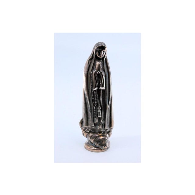 Metal Silver Statuette with the Figure of Our Lady Resting on a Round Base For Sale - Image 7 of 10