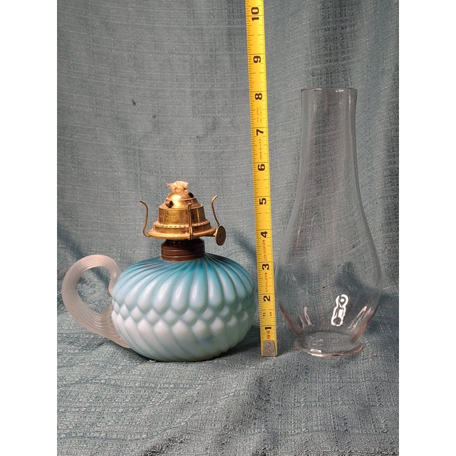 Victorian Rare Antique Blue Satin Glass Oil Kerosene Finger Lamp Hand-Blown Uv Reactive For Sale - Image 3 of 18