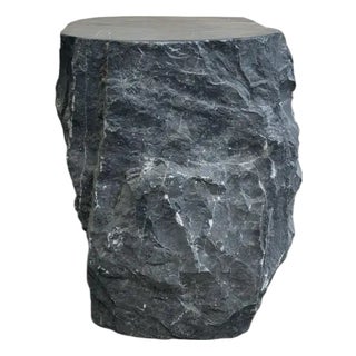 Natural Solid Marble Side Table Chiselled Finish, Smooth Top, Modern Organic For Sale