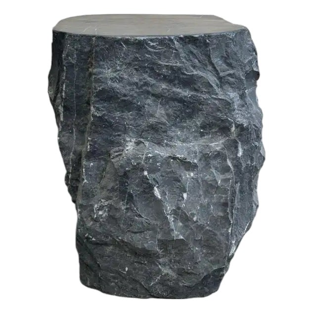 Natural Solid Marble Side Table Chiselled Finish, Smooth Top, Modern Organic For Sale