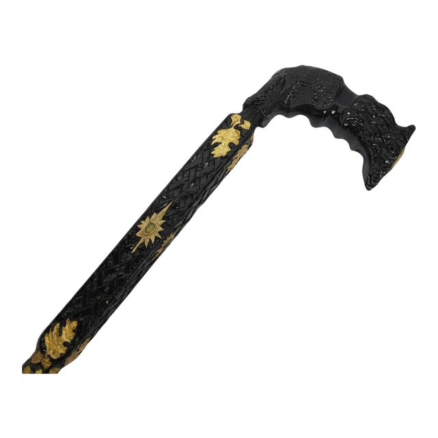 Alligator Carved Wood Gold Leaf Amber Inlaid Black Lacquer Walking Stick Cane For Sale