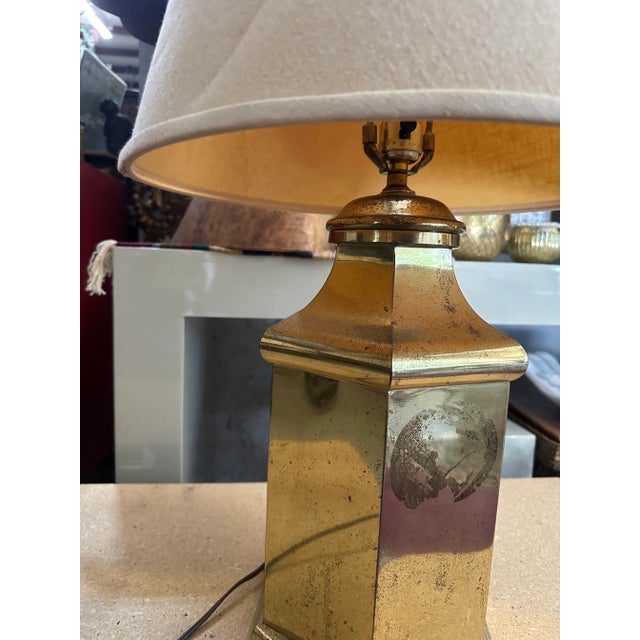 Vintage Brass Geometrical Lamp With Lampshade For Sale - Image 4 of 7