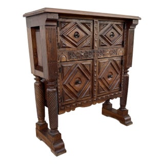 Early 20th Century Rare Spanish Carved Walnut Sideboard With Geometric Panels and Spiral Columns For Sale