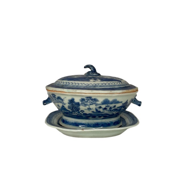 Chinoiserie Antique Chinese blue canton small tureen/gravy boat with under plate For Sale - Image 3 of 5