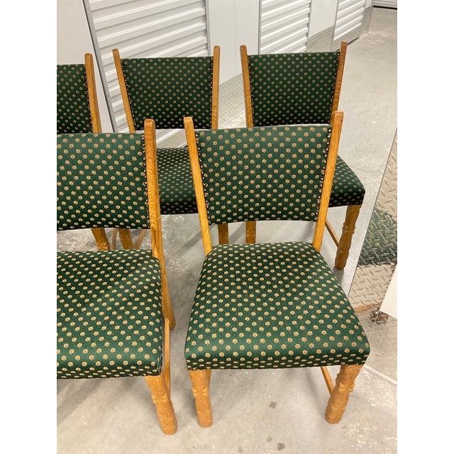 Wood Set of 8 Danish Modern Oak Dining Chairs in Patterned Silk - Circa 1960s For Sale - Image 7 of 18