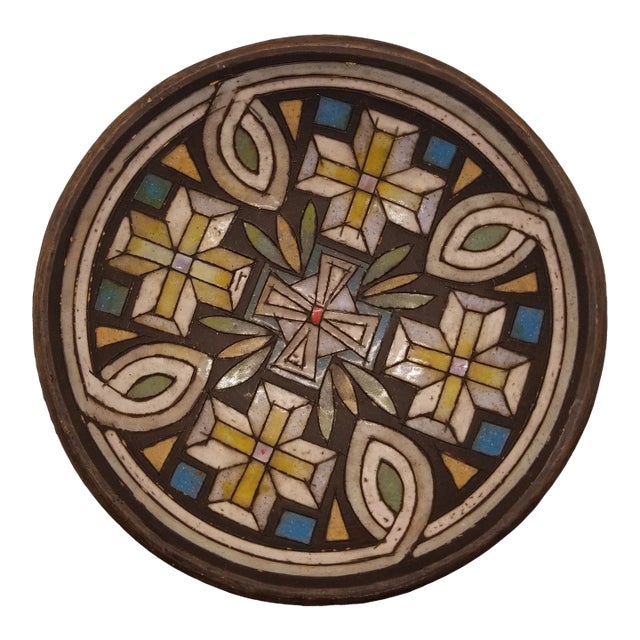 1970s Handcrafted Ceramic Inlay Black Grout Symbol Bowl For Sale