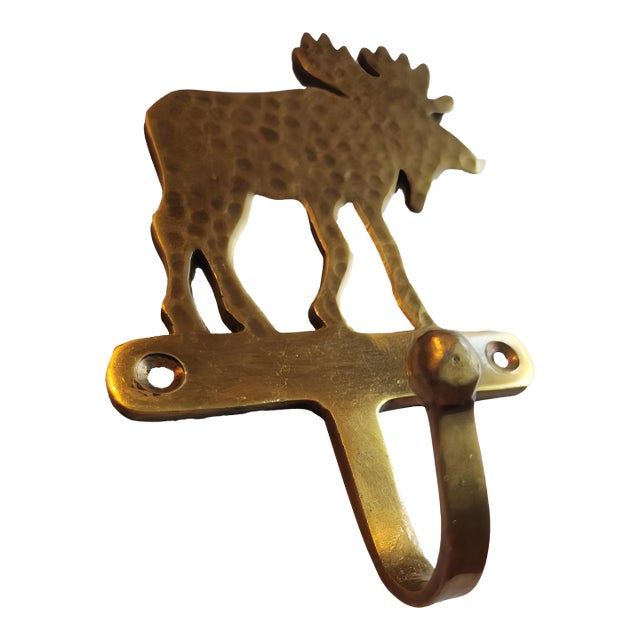 Vintage Rustic Hammered Brass Moose Wall Hook For Sale