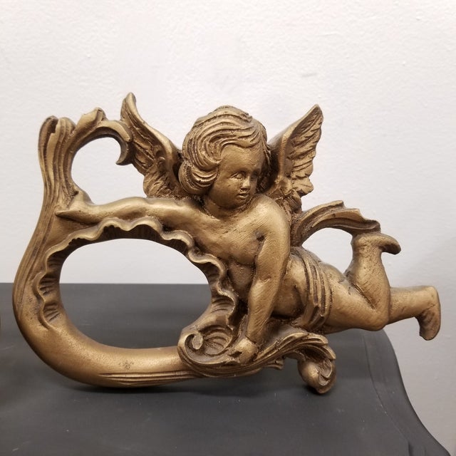 Mid 20th Century Vintage Baroque Rococo Revival Gilt Cherub Bed Crown & Curtain Cornice – Ornate Wall Pediment -Three Pieces For Sale - Image 5 of 12