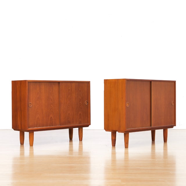 1960s Pair of Danish Modern Slim Teak Sideboard Cabinets Attributed Kai Kristiansen For Sale - Image 4 of 14