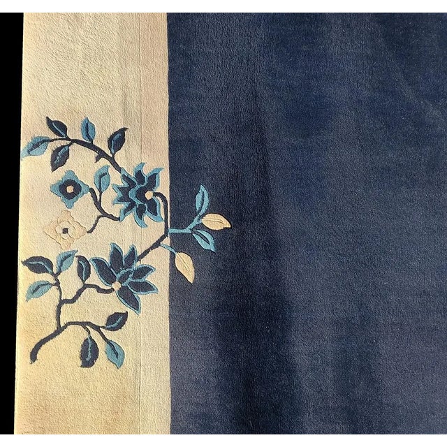 1920s Navy Open Field Floral Deco Antique Chinese Peking Room Size Rug For Sale - Image 4 of 6