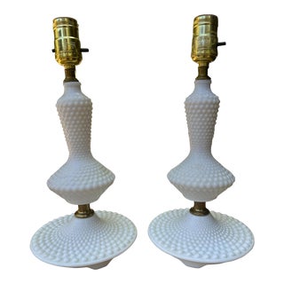 Set of Two Vintage Art Deco Hobnail Milk Glass Lamps - White For Sale