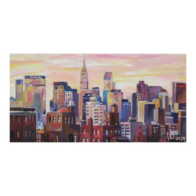 Oil Painting of Nyc Skyline With Chrysler Building "Nyc Roofs" by Natalia Bessonova For Sale