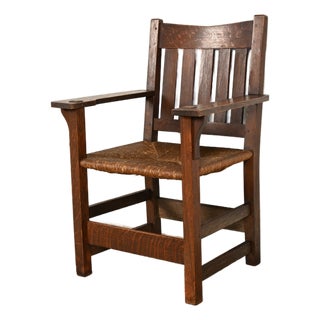 Gustav Stickley Antique Mission Oak Arts & Crafts Armchair With Rush Seat, Circa 1910 For Sale