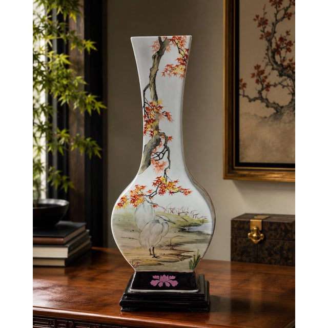 Tall Ming Village Four-Sided Hand-Painted Chinese Porcelain Crane & Blossom Vase, 21" For Sale - Image 4 of 18