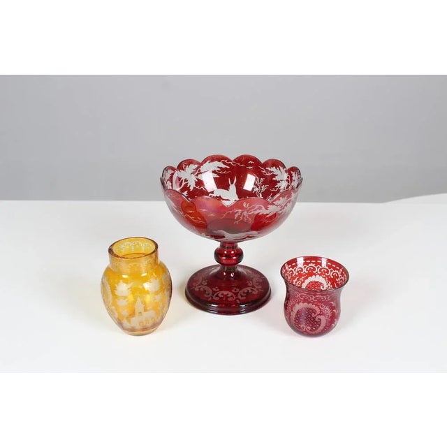 Bohemian Crystal Glass Set in Ruby Red and Yellow, 1880s, Set of 3 For Sale - Image 11 of 12