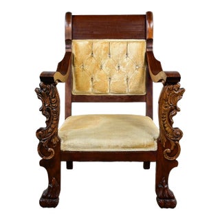 Late 1800s Antique Victorian Mahogany Armchair Carved Figural Lion Heads & Claw Feet & Gold Velvet Upholstery For Sale