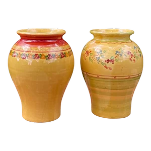 1990s French Handmade Engobe Pottery Mustard Yellow Urns / Vases / Jars - Set of 2