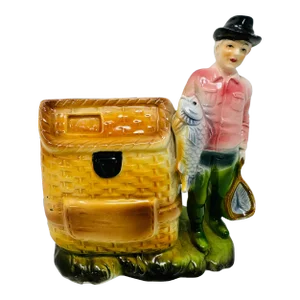 Vintage Numbered Enesco Ceramic Fly Fisherman With Creel Planter