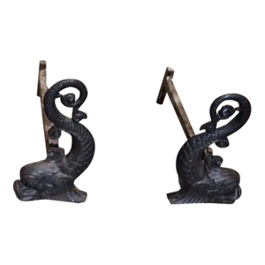 Pair of Early 20th Century Black Cast Iron Dolphin Brass Fireplace Andirons With Log Holders