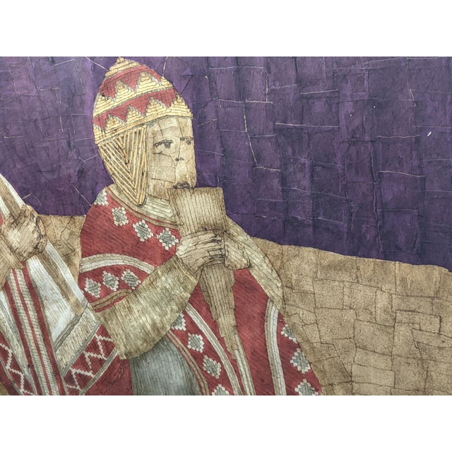 Oversized Vintage Andean Musicians Banana Leaf Mosaic Folk Art – Purple, Red & Cream For Sale - Image 13 of 17