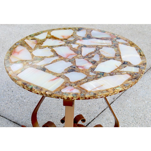 Vintage Agate, Onyx & Abalone Mosaic Side Table With Wrought Iron Base – Hollywood Regency / Mexican Modern For Sale - Image 9 of 17